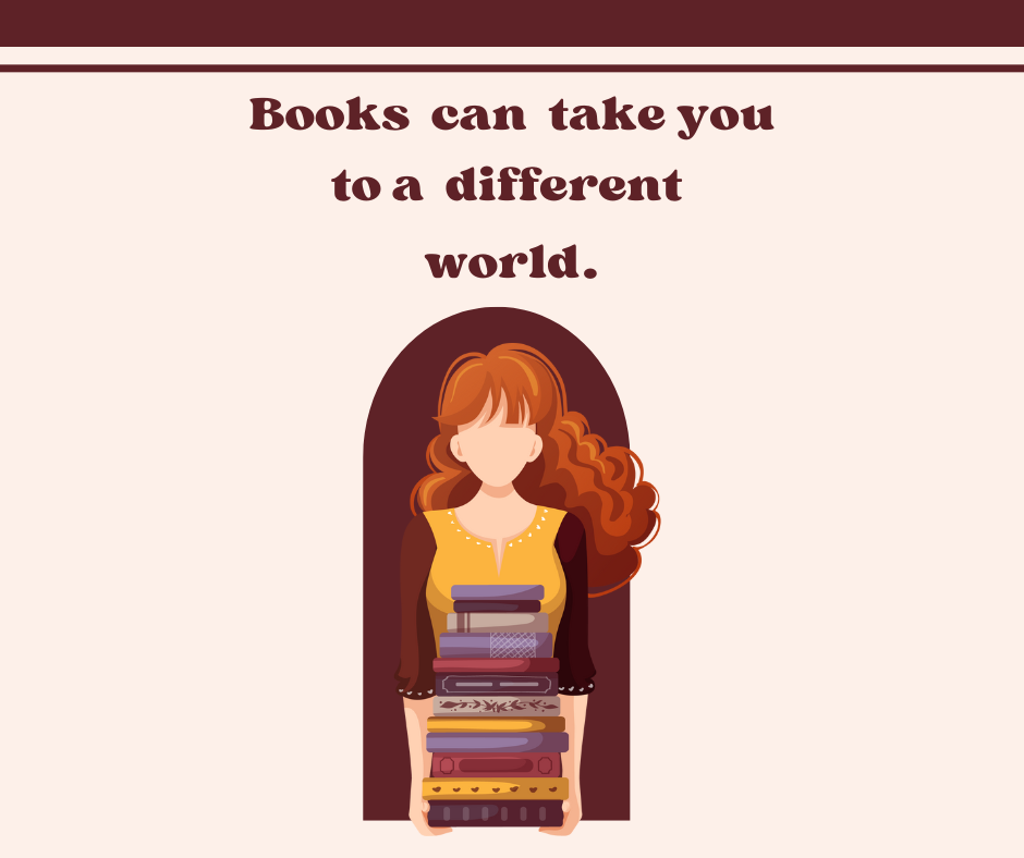 Una ragazza con i capelli rossi e mossi con in un mano una pila di libri, su sfondo rosa e marrone